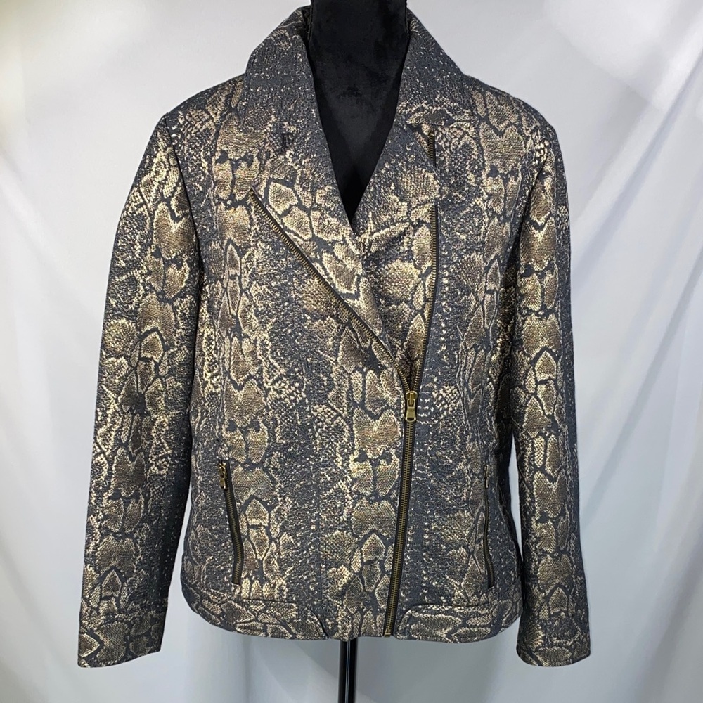 Chico’s Snake Print Gold Black Moto Jacket Size 2 Large